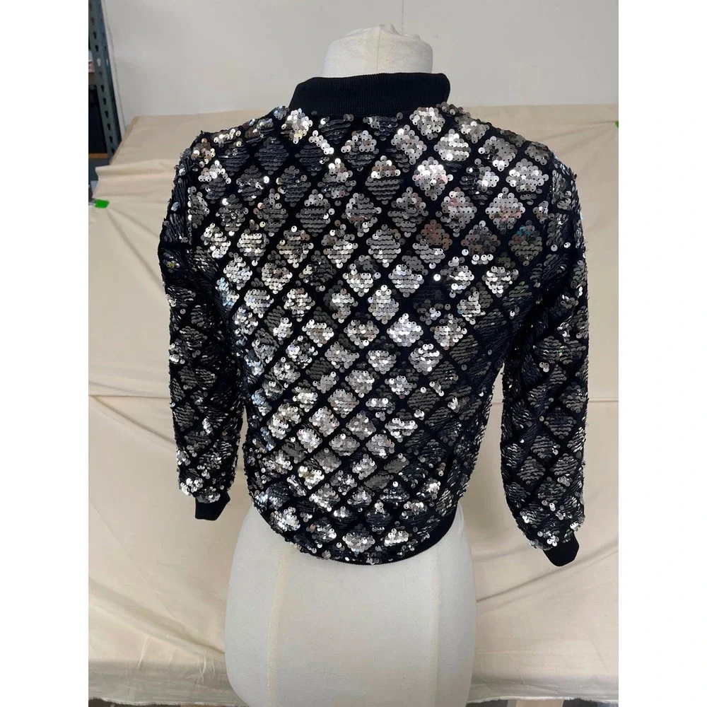 Girls Silver Sequin Diamond Pattern Bomber Jacket Black Zip Up Size L